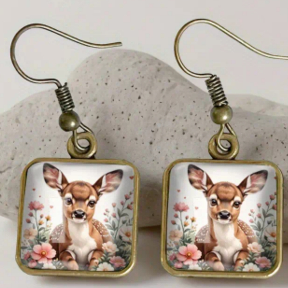 Boho Gift earrings Animal Print Baby Deer Wildlife‎ Gold Square